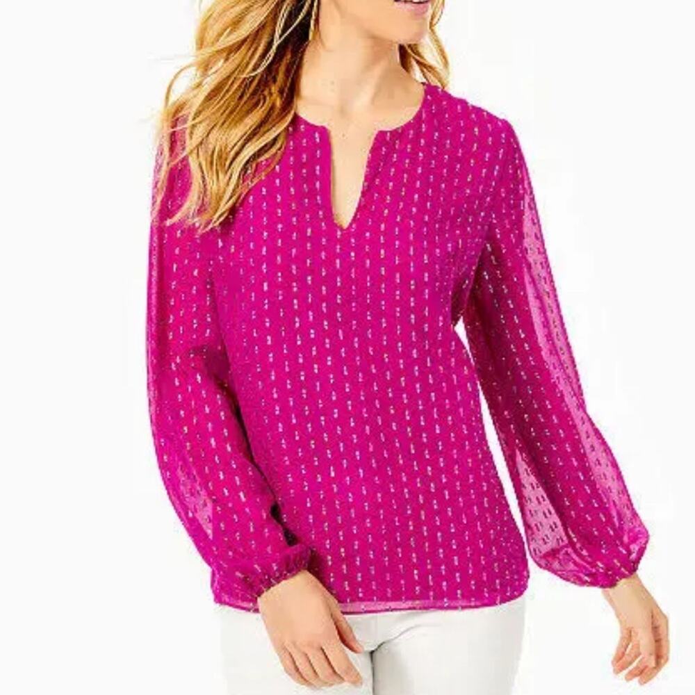 New Lilly Pulitzer Aaron Silk Top Bordeaux Berry Pink Metallic Blouse Women sz S